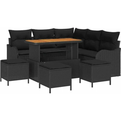 Image of vidaXL 9 Piece Garden Sofa Set with Cushions Black Poly Rattan Acacia