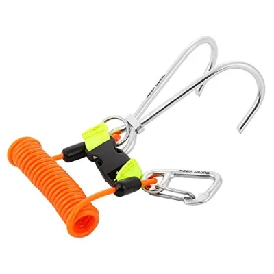 Image of Diving Hook, Stainless Steel Reef Double Hook with Spiral Coil Lanyard &amp; and Quick Release Buckle, Unisex Adult Clip Underwater (Orange)