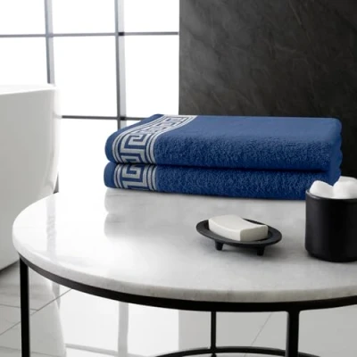 Image of GC GAVENO CAVAILIA Greek Key Bath Towels 2Pack Navy Large Quick Dry &amp; Super Absorbent Bathroom 500 GSM Towel Set Egyptian Cotton