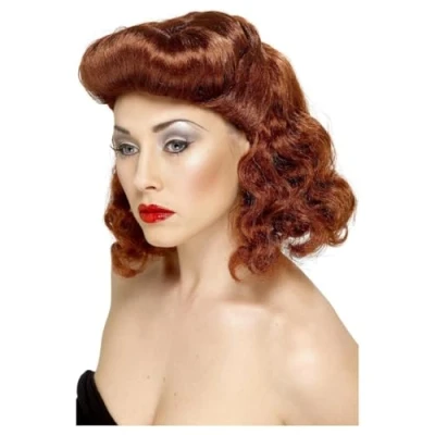 Image of Smiffys Pin Up Girl Wig, Auburn with Loose Curls, 1940&#039;s Wartime Fancy Dress, Adult Dress Wigs