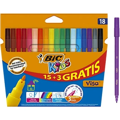 Image of BIC Kids Visa Felt Tip Pens, Fine Tip, Very Vivid Colouring Washable Markers, Back to School Supplies, 18 Pack