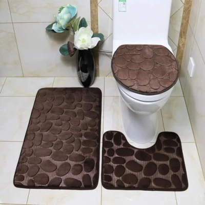 Image of ele ELEOPTION 3 Piece Non Slip Pedestal Bath Mat Set, Toilet Lid Cover Mat, Breathable Memory Foam Mats Soft Comfortable Water Absorbent Bathroom Rug (Brown)