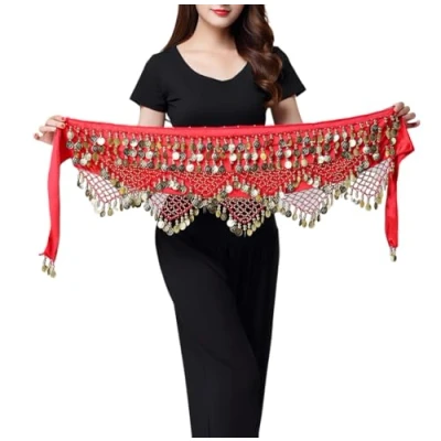 Image of Women Belly Dance Hip Scarf with 328 Coins, Velvet Belt Coin Tassel, Dancing Wrap Skirt for Stage Performance, Dancer Costumes Yoga, Dance, Zumba Red