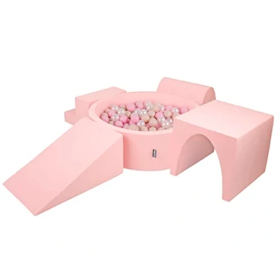 Image of KiddyMoon Foam Playground For Kids With Round Ballpit (200 Balls ∅ 7Cm/2.75In) Soft Obstacles Course And Ball Pool, Made In EU, Pink:Pastel Beige/Light Pink/Pearl