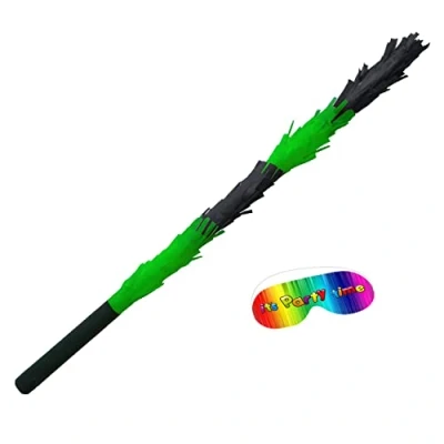 Image of Green black pinata smashing stick and blindfold