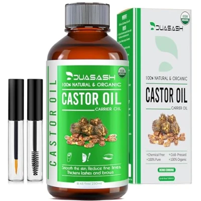 Image of Duasash Organic Castor Oil For Eyelashes and Eyebrows 250ml Cold Pressed Hair Growth Undiluted Hexane Free 100% Natural Pure Skin with Brushes Hair, Beard, Nails