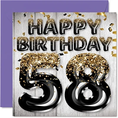 Image of 58th Birthday Card for Men Black &amp; Gold Glitter Balloons Happy Cards 58 Year Old Man Dad Grandad Grandpa Gran Uncle, 145mm x Fifty Eight Eighth Greeting Gift