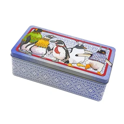 Image of Emma Ball Penguins In Pullovers Long Lidded Storage Tin 23.4cm x 12.4cm