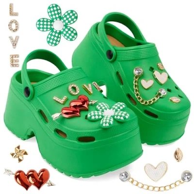 Image of CityComfort Womens Platform Heeled Clogs with Removable Charms Gifts (Green, 3/4 UK)