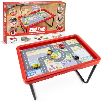 Image of PlayTray Activity Table with Play Mat Set, Kids Sensory Tray, City and Race Theme Messy Tray