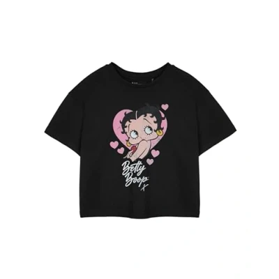 Image of Vanilla Underground Betty Boop Black Cropped Short Sleeve T Shirt Heart Graphic Tee Cartoon Character Crew Neck Top Retro Casual Wear Apparel for Women