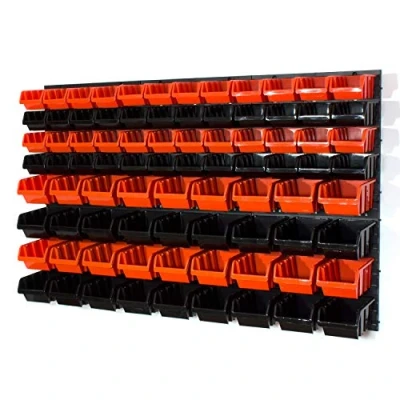 Image of 48 S size and 36 M orange/black storage bins with wall mounted panel