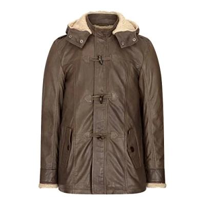 Image of TruClothing Mens Real Leather Coat 3/4 Hooded Safari Warm Brown Tan Fisherman Fleece 3XL