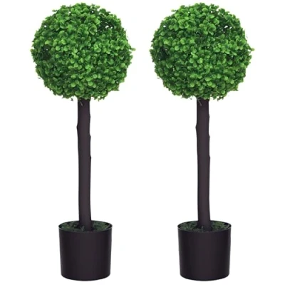 Image of HOMCOM Set of 2 Decorative Artificial Plants Boxwood Ball Trees in Pot Fake for Home Indoor Outdoor Decor, 60cm