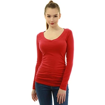 Image of AmélieBoutik Women V Neck Raglan Long Sleeve Ruched Sides Top (Red X Small 8)