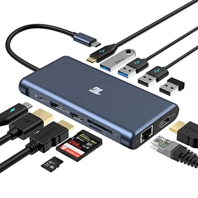 Image of Tiergrade USB C Hub, Adapter, 12 in 1 Triple Display Adapter with Dual 4K HDMI, DisplayPort, 100W PD 3.0, RJ45 Ethernet, A Ports, TF/SD Card Reader for MacBook and Type Laptops