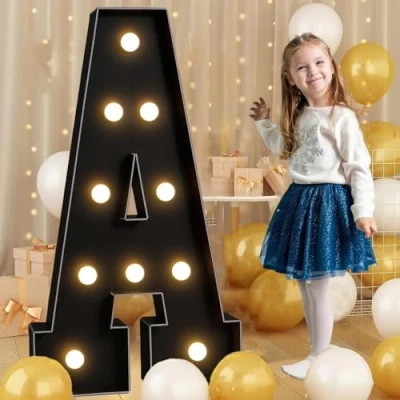 Image of Black Marquee Light Up Letter A, LED Sign Pre cut Foam Glowing Mosaic Decor for Birthday Proposal Anniversary Wedding, 120CM/4FT