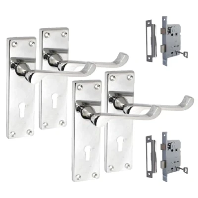 Image of Silver Door Handles Interior Victorian Scroll Lock Handles, Polished Chrome Back Plate (2 Pair of + 3 Lever SASH Lock)