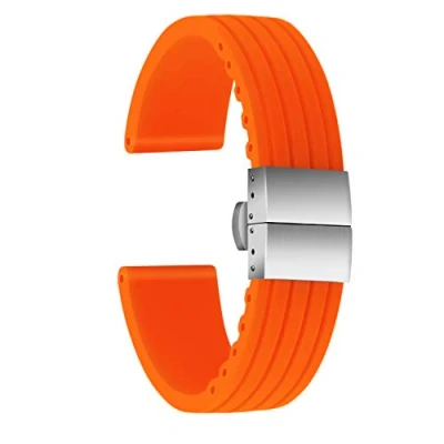 Image of ULLCHRO Silicone Watch Strap Replacement Rubber Band Waterproof Link Pattern 16mm, 18mm, 20mm, 22mm, 24mm Bracelet with Stainless Steel Deployment Buckle (16mm, Orange)