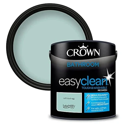 Image of 2.5L CROWN Easyclean Bathroom MID SHEEN Emulsion Multi Surface Paint With MOULDGUARD+ That can be Used on Walls, Ceilings, Wood and Metal. Stain &amp; Scrub Resistant Formula Soft Duck Egee
