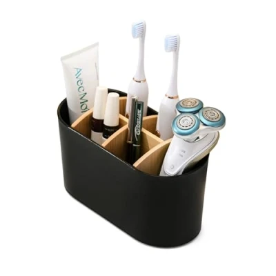 Image of Black Toothbrush Holders for Bathroom with Bamboo Compartments, Electric Holder Non Slip Bottom, 6 Slot Organiser, Multifunction Storage Caddy
