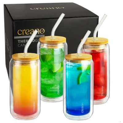 Image of Creano 4pcs Double Walled Drinking Glass with Bamboo lid and Straw, 360 ml, Smoothie Cup, Bubble Tea, Cocktail
