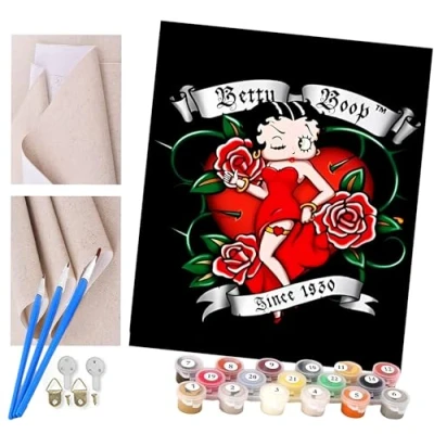 Image of ToeTs Paint by Numbers for Adults and Kids Beginner Kits with Brushes Acrylic Pigment DIY Canvas Painting Betty Boop 16 x 20 inch Hand painted toy gifts