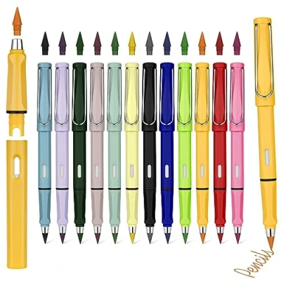 Image of Ainiv Inkless Colored Pencils, 12PCS Forever Pencil with Eraser, Infinity Magic Coloring Pencils Everlasting No Sharpen for Writing Drawing Extra 12 Color Replaceable Nibs