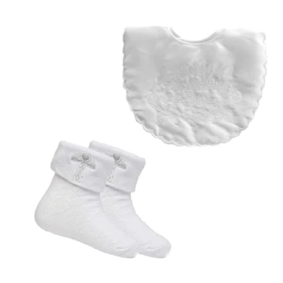 Image of Baby Boys &amp; Girls Christening Set, Bib Socks Gift White, 0 6 Months