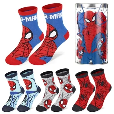 Image of Spiderman 4 Pair Ankle Cotton Socks for Kids Ideal Children Gift Packed in Round Money Piggy Bank Plastic Cylinder (UK, Age, 7 Years, 11 Regular, Standard, Multicolour)