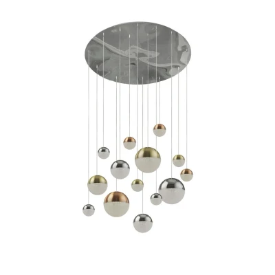 Image of Planets 14 Light Pendant Copper, Chrome, Satin Brass Caps &amp; Crystal Sand 4000K