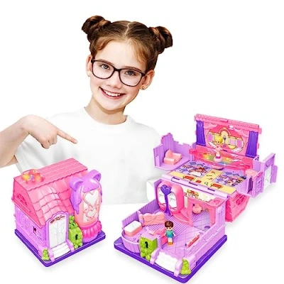 Image of Sobebear Kids Dolls house with Light &amp; Music, Realistic Play Model Portable Mini Cute Accessories Colorful Dollhouse Game Set for 3+Years