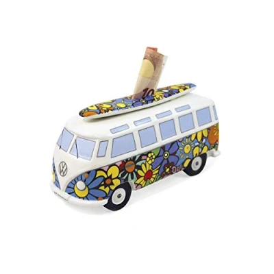 Image of BRISA VW Collection Volkswagen Savings Bank Piggy Money Coin Box with Surfboard in T1 Bus Samba Design (Flower Power/Multicolor)