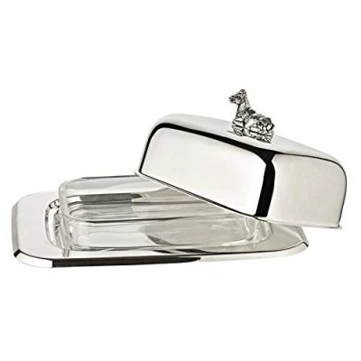 Image of EDZARD Butter Dish Cow 13x18 cm, Height 8 with Glass Insert, Silver Plated, incl Knife