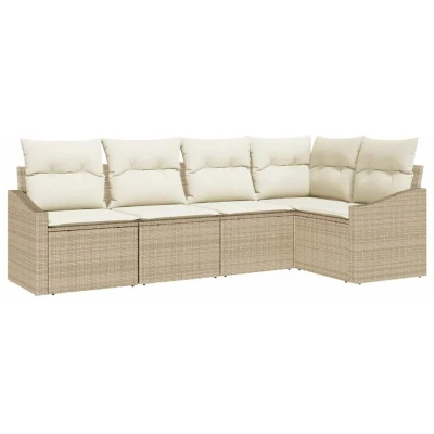 Image of vidaXL 5 Piece Garden Dining Set with Cushions Beige Poly Rattan