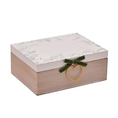 Image of Widdop and Co. Love Story Wedding Memory Keepsake Box Smooth White &amp; Brown Wood With Velvet Bow Designed for Storage of Mementos, Invitations, Photos, Gifts Presents.