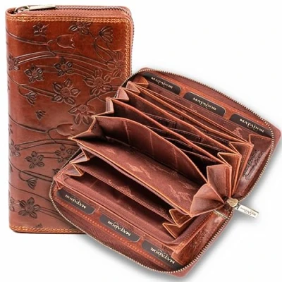 Image of MATADOR [GIRONA] XL Card Wallet Women&#039;s Leather Large with Gift Box RFID Purse NFC Protection Leather, Brown flowers, Classic