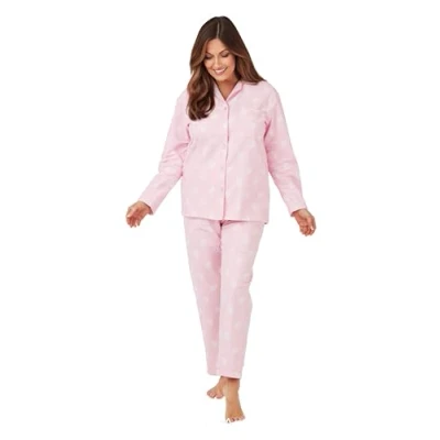 Image of INSIGNIA Ladies Button Up Cotton Flannel Traditional Pyjamas (UK, Numeric, 20, 22, Regular, Pink Leaf)