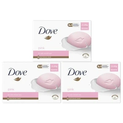Image of Dove Pink Moisturising Beauty Cream Bar 3 in 1 Cleanses, Moisturises and Nourishes Soap for Soft, Smooth Skin Vegan, Crealty Freee Dermatologically Tested 2x90g, Pk