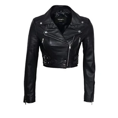 Image of Infinity Women’s Chic Black Cropped Leather Biker Jacket 10