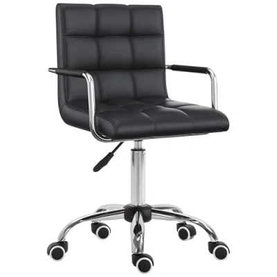 Image of Vinsetto Office Chair, Makeup Vanity Mid Back Computer PU Leather Swivel Study Chair with Adjustable Height, Armrest and Rolling Wheels, Black
