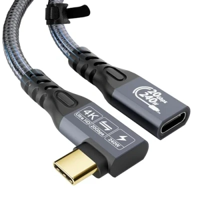 Image of YIWENTEC USB C Cable to 3.2 Gen2 X 2 male female Type Charging Cable, 20 Gbps Data Transfer, 240 W 48 V/5 A Fast 4K @ 60Hz Video Transfer (angle, 2M)