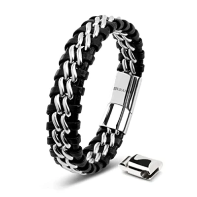 Image of SERASAR 17cm Silver Bracelet Men Gift Box Genuine Leather Cowhide Braided Adjust Able Magnetic Clasp Multi Layer Wrap Jewellery Rope Man Mans Male Mens Bracelets Band Jewelry Magnet Accessories