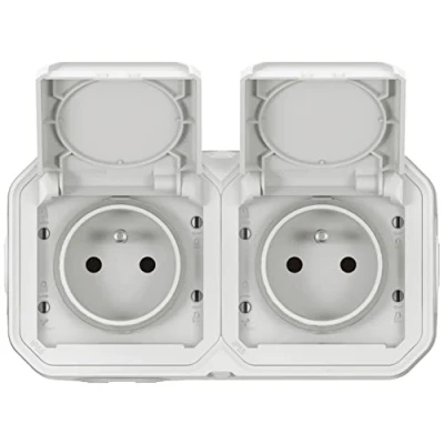 Image of Legrand Double Power Socket with Waterproof Grounding Pre wired Hinged Lid Plexo 16A 250V Supplied Complete for Horizontal Mounting in White