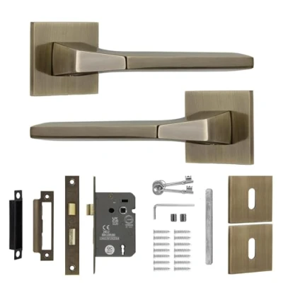 Image of Decoranddecor Antique Brass Door Handles Aluminium Handle Sets for Wooden Interior Doors Internal with Lock and Keys Penta Range