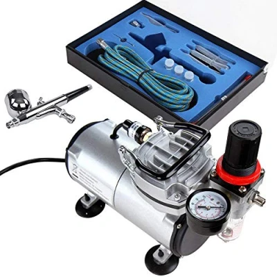 Image of Timbertech Airbrush Kit with Air Compressor ABPST05 Powerful Airflow and High Working Pressure for Hobbies Crafts Nail Art Tattoos Cake Decorating Cosmetics Auto Motorcycle Graphics so on