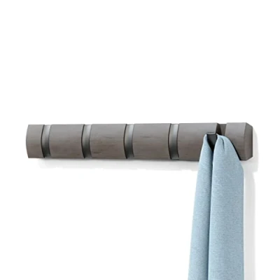 Image of Umbra Flip 5 Hook Wall Mounted Coat Rack, Modern, Sleek, Space Saving Hanger with Retractable Hooks to Hang Coats, Scarfs, Purses and More, Grey/Pewter