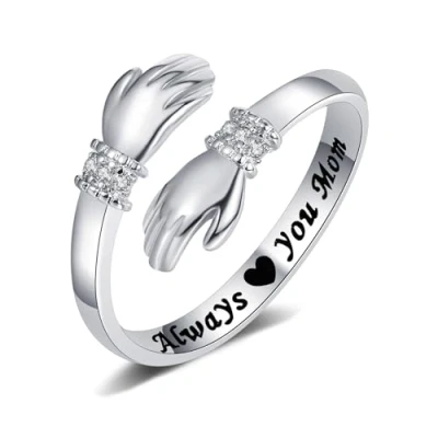 Image of Yifnny Hug Ring, Engraved Words Hugging Hands Open Ring Adjustable Couple Women Mens Rings Friendship Mothers Day Jewelry Gifts (Always you mom)