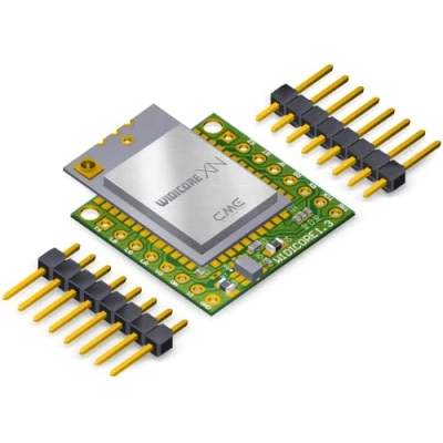 Image of CME WIDI Core XN Smart (BLE) breakout board that implements premium MIDI over Bluetooth Low Energy as developed by with external antenna connector and un populated pin header