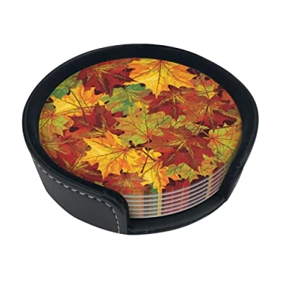 Image of Round Coasters, Autumn Leaves Printed,Mugs Pad Cups Mat Set of 6 Leather Drinks Coasters with Holder